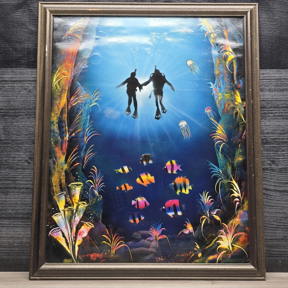 Vintage 1999 Cosumel Mexico Oceans Reef Art Spray Canvas  Framed 17" X 21"